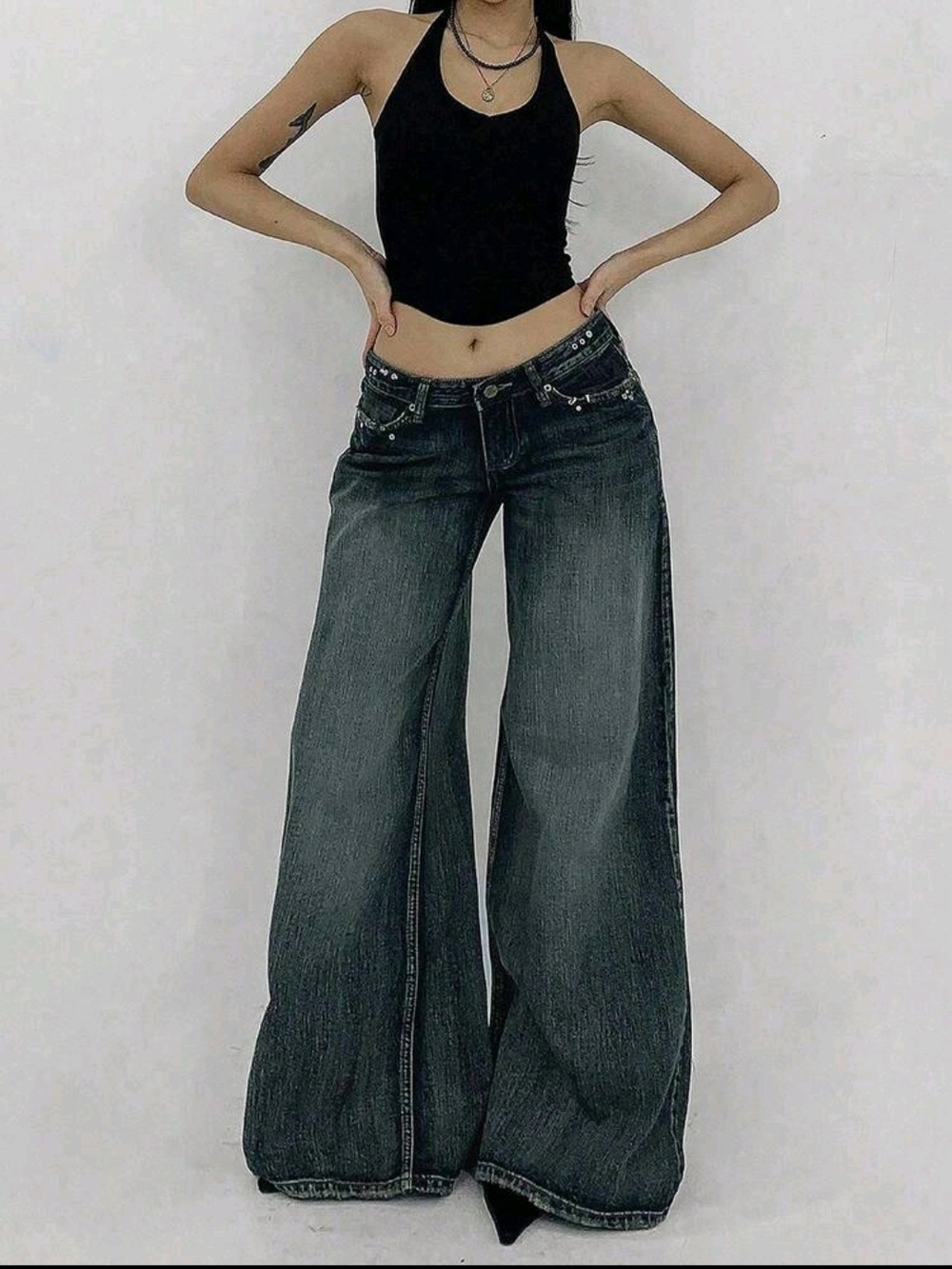 Low Waist Wide Leg Distressed Denim Jeans for Women